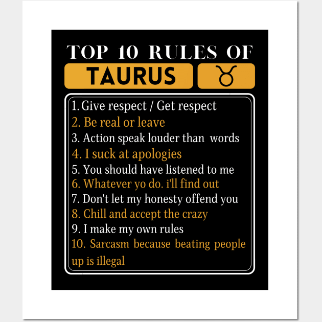 Top 10 rules of Taurus, Taurus Traits Facts Horoscope Zodiac Wall Art by JustBeSatisfied